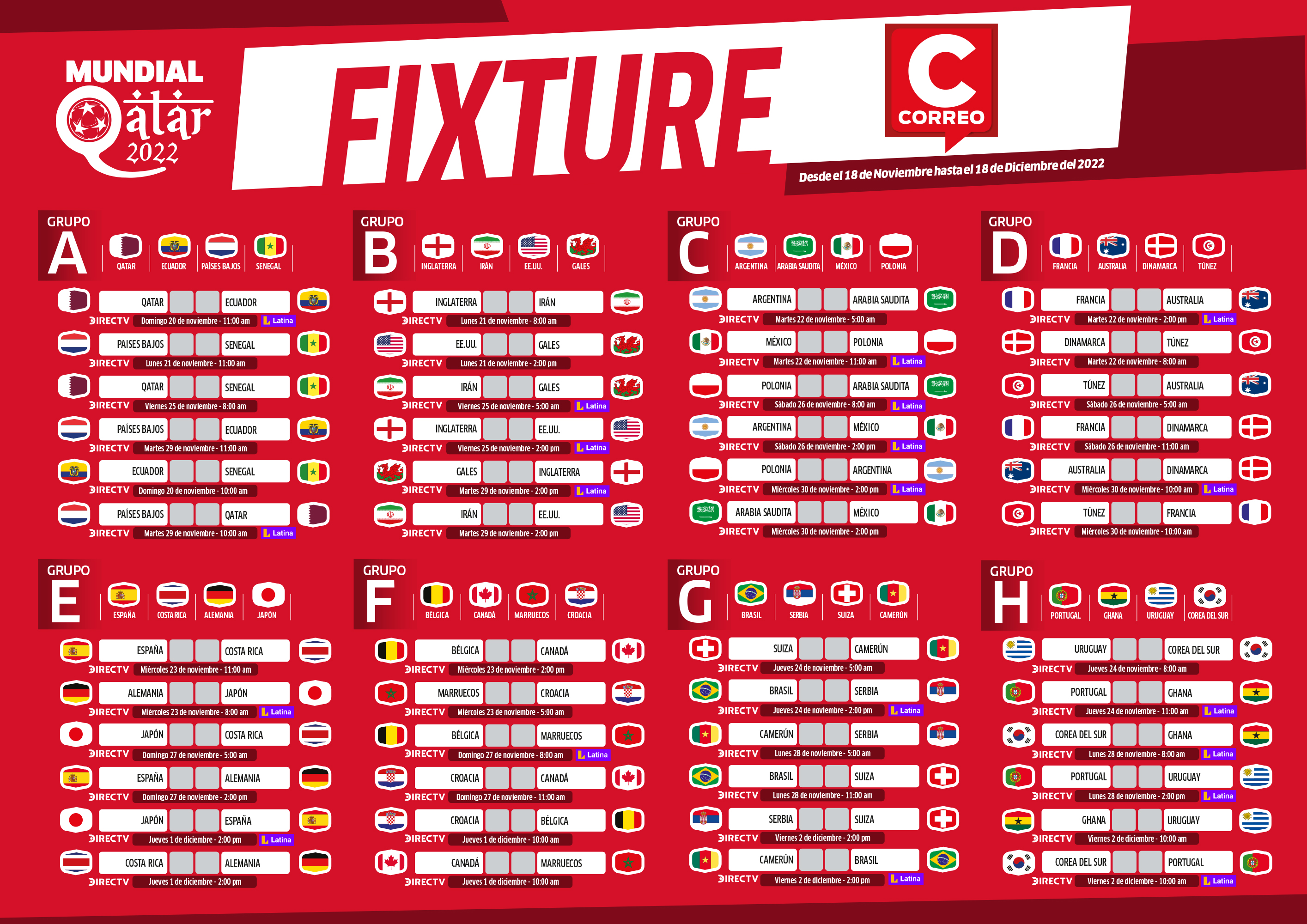 Mundial Qatar 2022, fixture: descarga, imprime y revisa los 64 partidos, calendario y programación de la Copa de la FIFA.